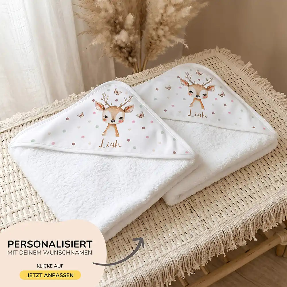 Personalisiertes Kapuzenhandtuch Baby Reh Schmetterlinge â 500 g/qm Baumwoll-Frottee Detail