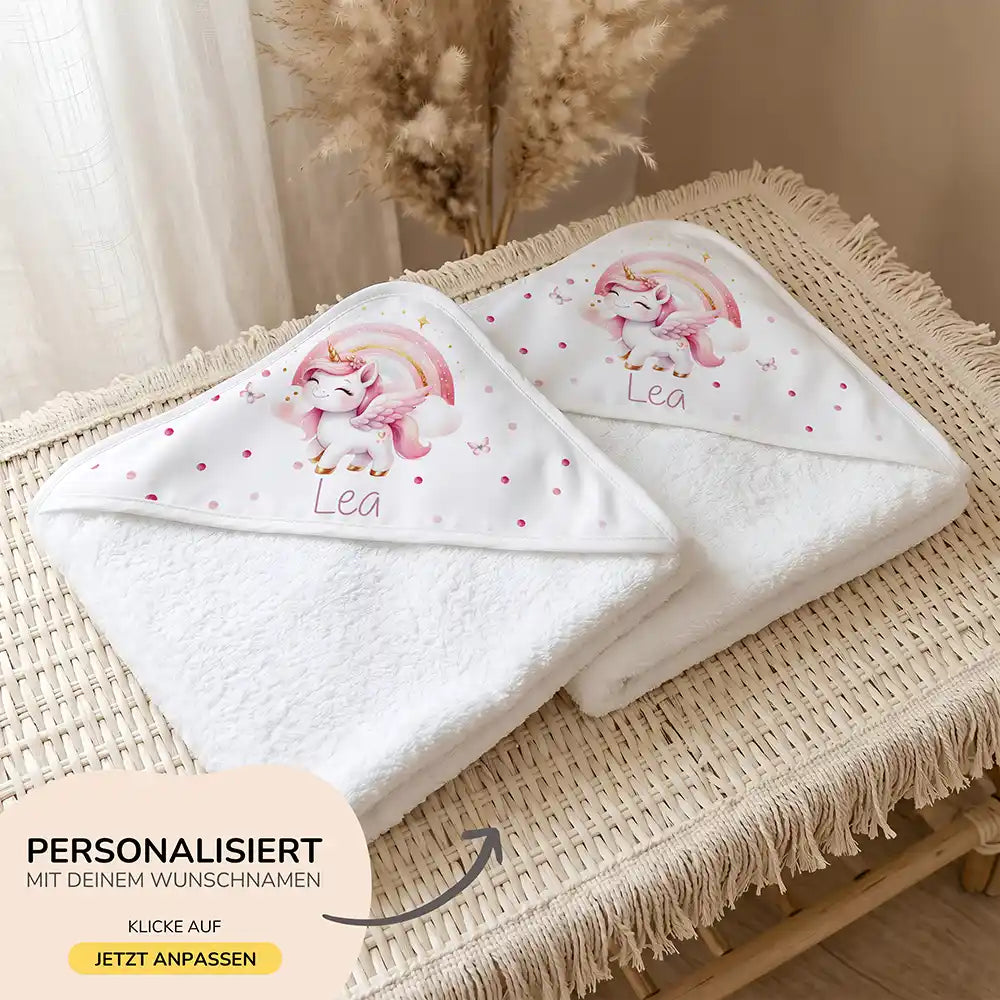 Personalisiertes Kapuzenhandtuch Baby Einhorn Rosa – 500 g/qm Baumwoll-Frottee Detail