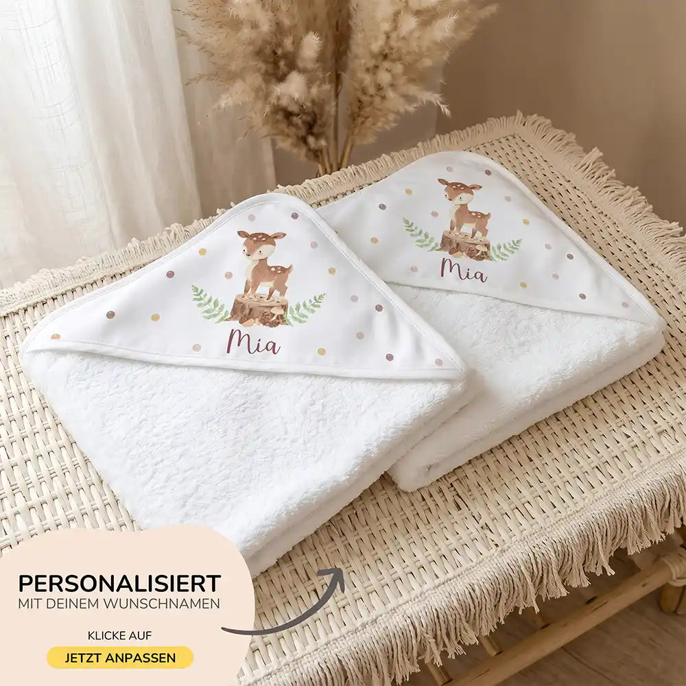 Personalisiertes Kapuzenhandtuch Baby Reh Baumstumpf â 500 g/qm Baumwoll-Frottee Detail