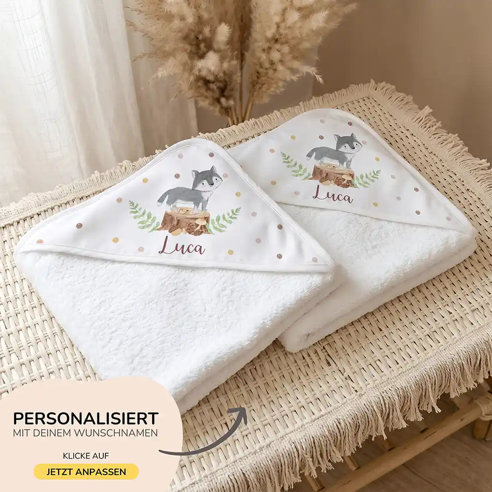 Personalisiertes Kapuzenhandtuch Baby Wolf Wald â 500 g/qm Baumwoll-Frottee Detail