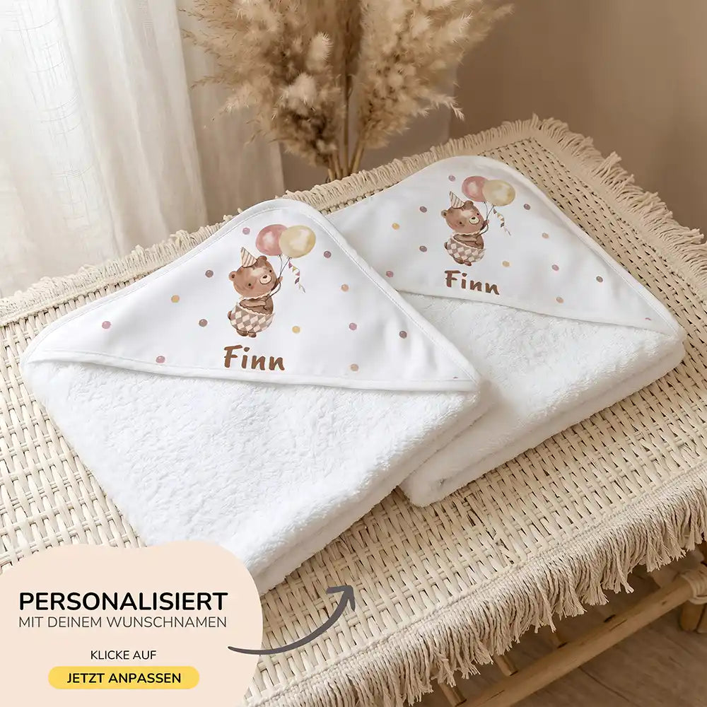 Personalisiertes Kapuzenhandtuch Baby BĂ€r Luftballons â 500 g/qm Baumwoll-Frottee Detail