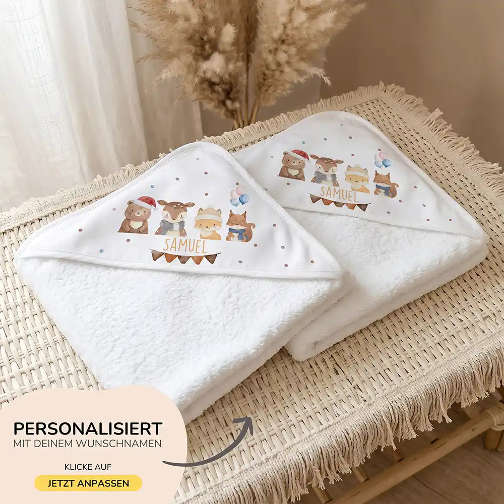 Personalisiertes Kapuzenhandtuch Baby Winter Waldfreunde â 500 g/qm Baumwoll-Frottee Detail