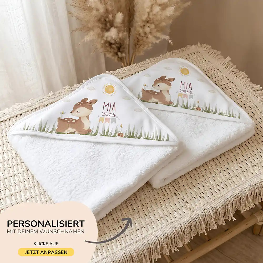Personalisiertes Kapuzenhandtuch Baby Reh Geburtsdaten â 500 g/qm Baumwoll-Frottee Detail