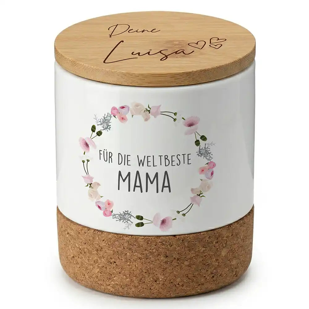 Duftkerze Vanille Keramik Mama Blumenkranz â Dreiviertel-Ansicht Keramikbecher