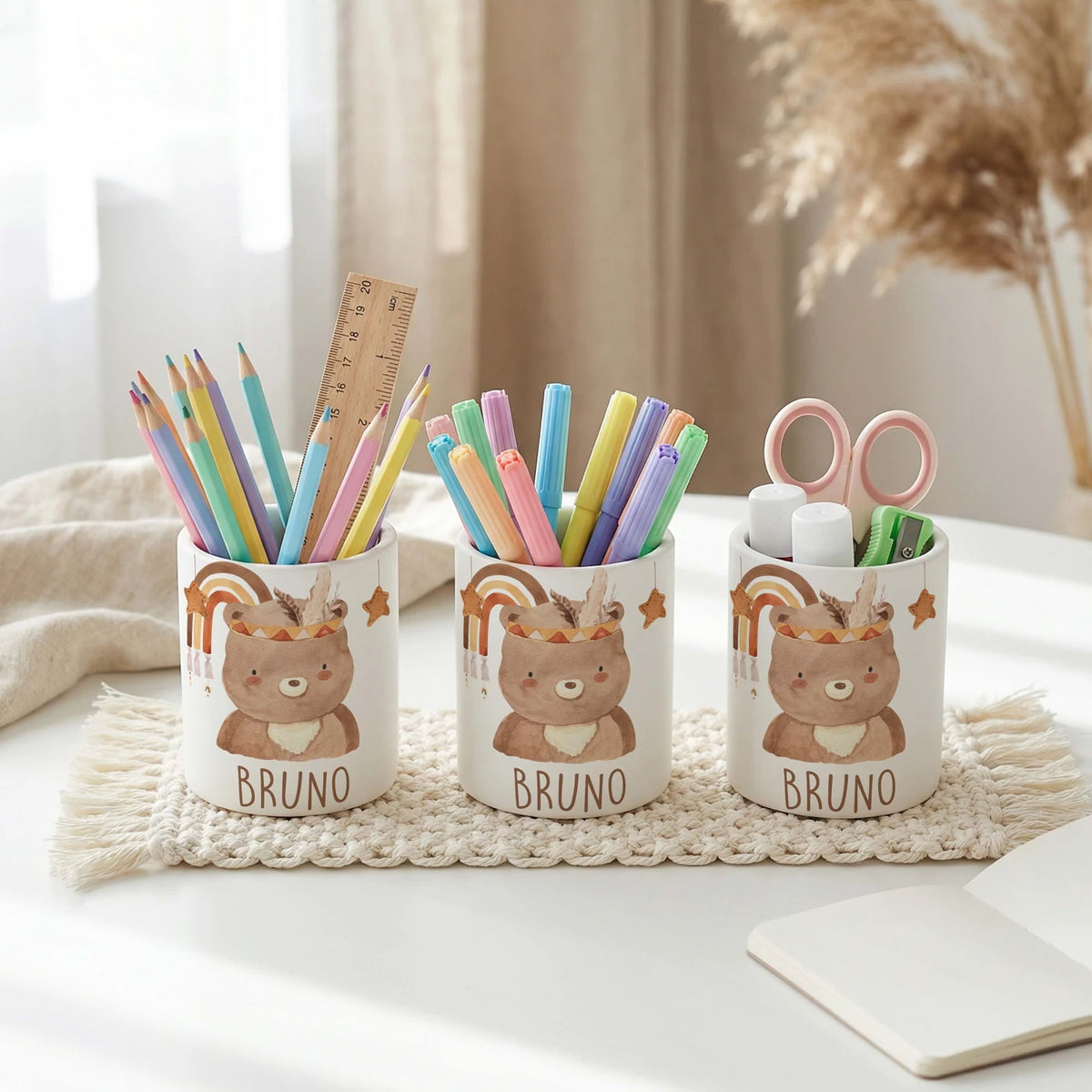 Personalisierter Stiftehalter Boho-BĂ€r â Keramik mit Wunschname