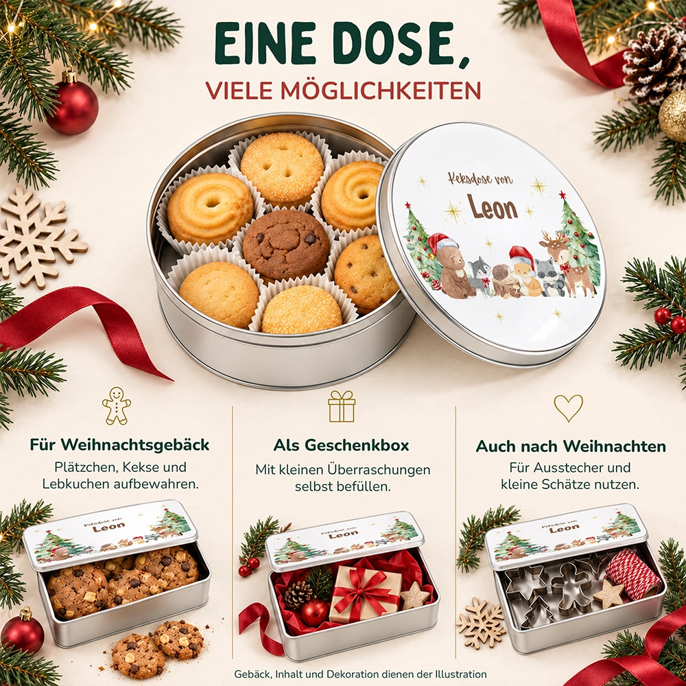 Keksdose aus Metall personalisiert - Weihnachtliche Waldtiere