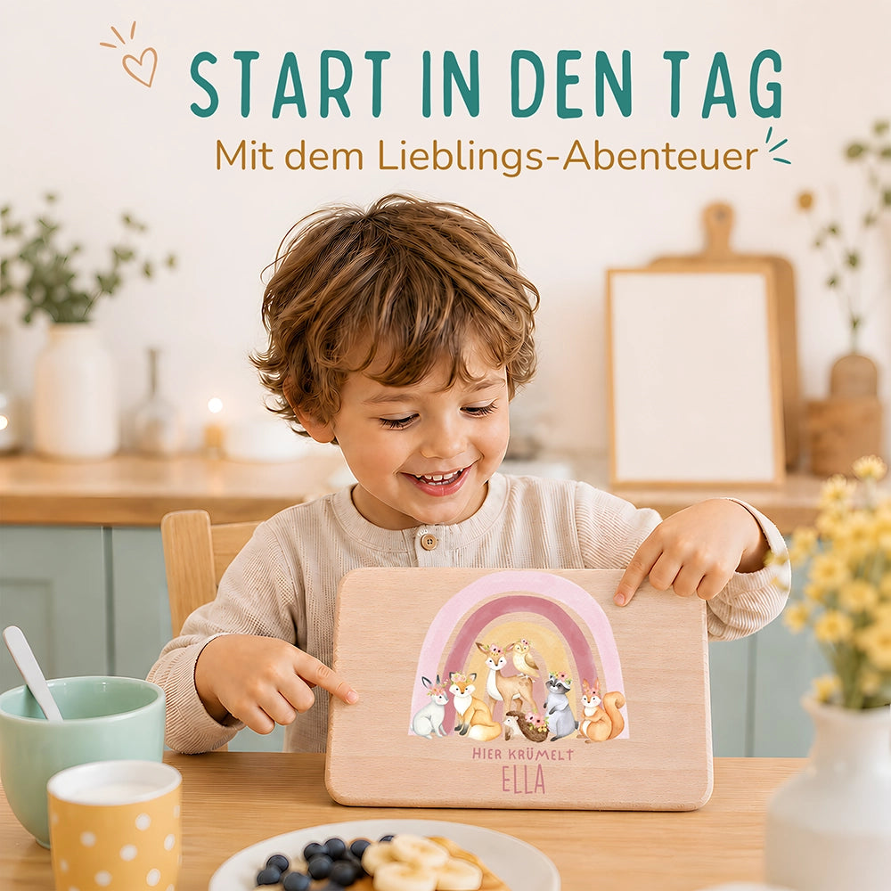 Frühstücksbrettchen Holz personalisiert - Regenbogen Waldtiere