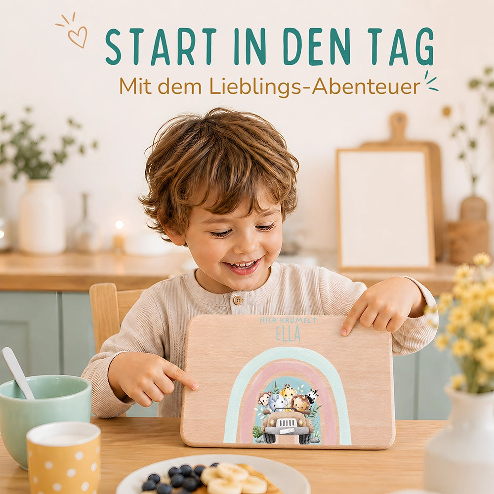 Frühstücksbrettchen Holz personalisiert - Regenbogen Safari