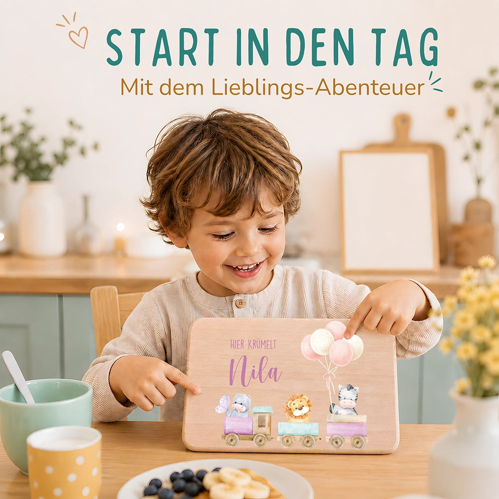 Frühstücksbrettchen Holz personalisiert - Tiere Eisenbahn
