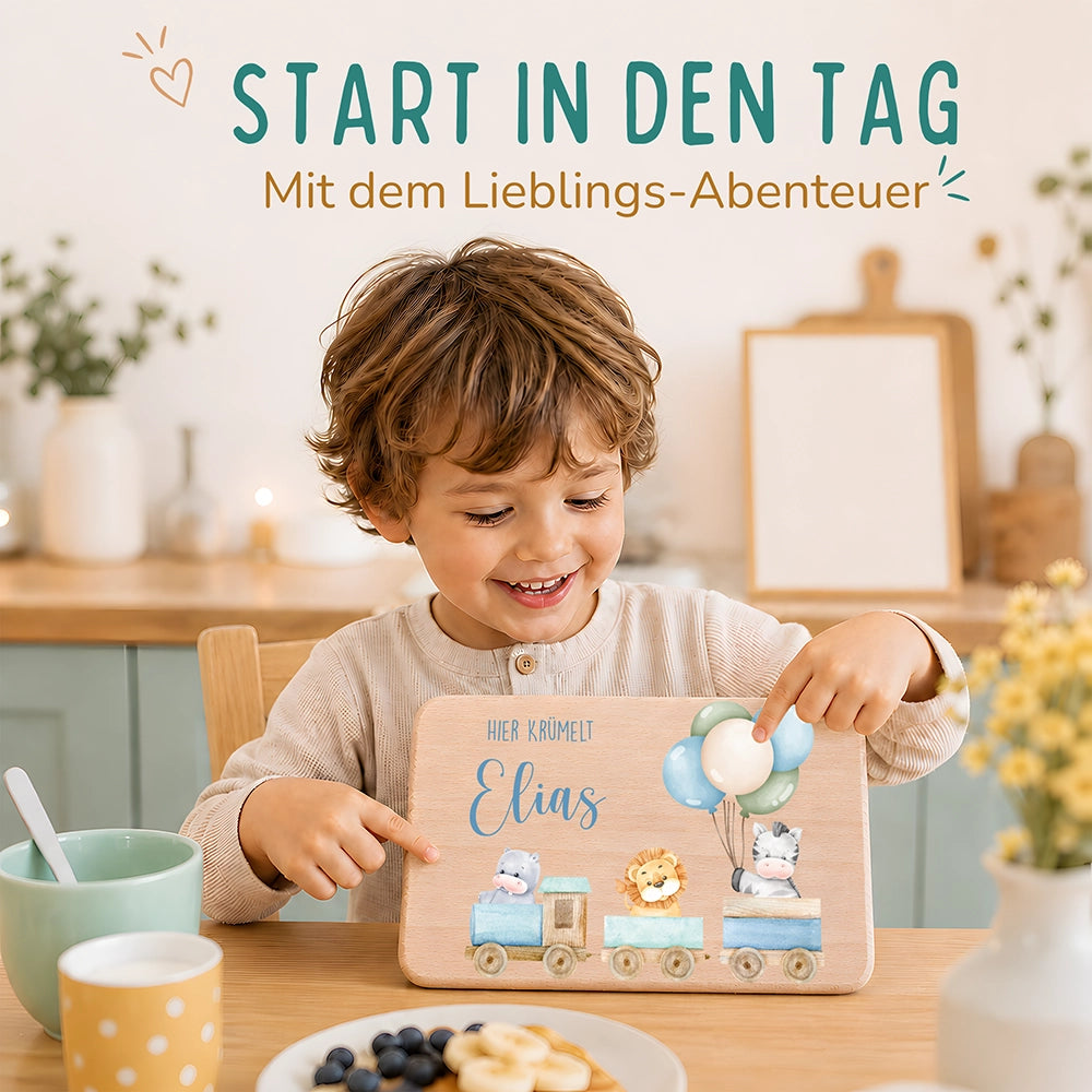 Frühstücksbrettchen Holz personalisiert Tiere Eisenbahn