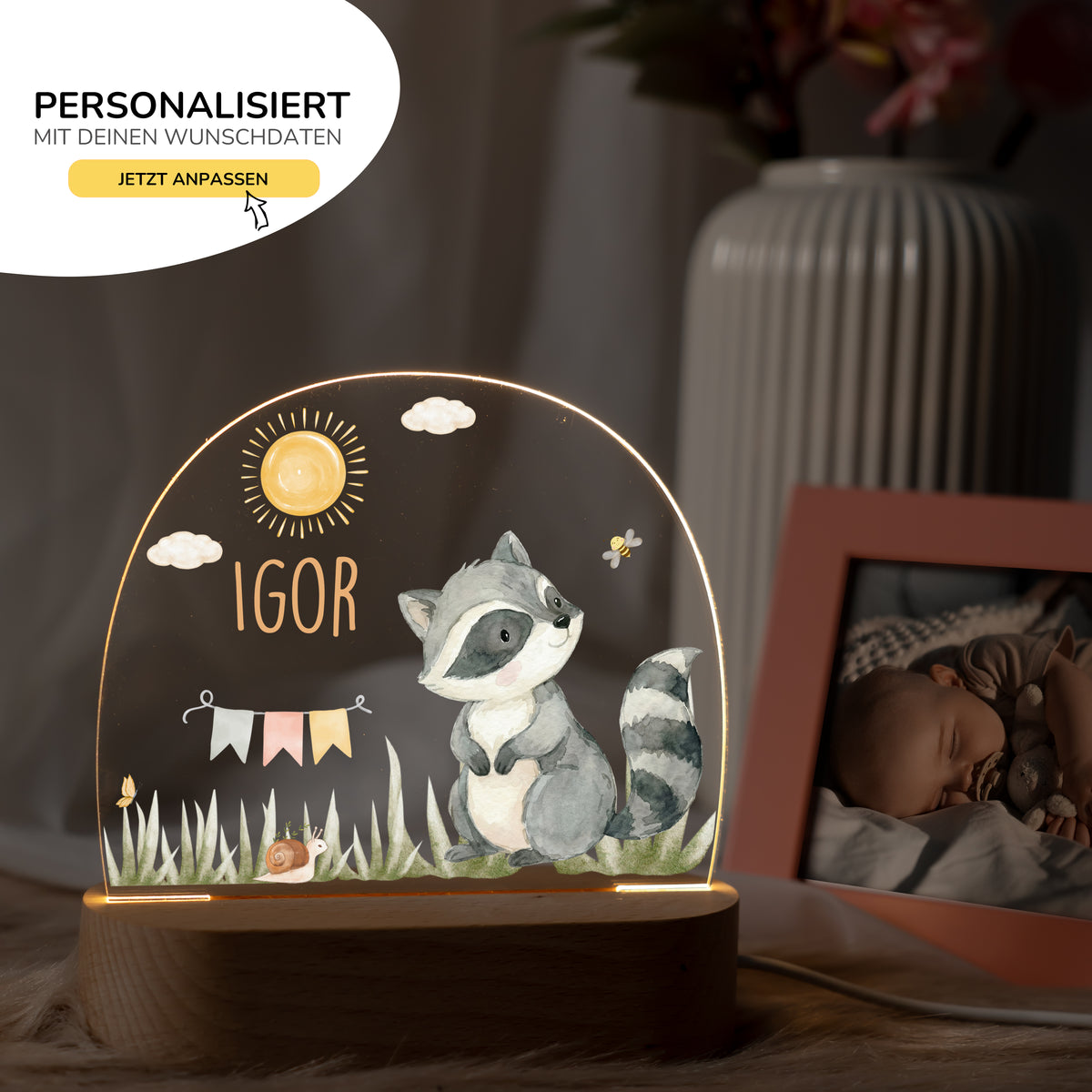 Nachtlicht Kinder personalisiert - Fröhlicher Waschbär