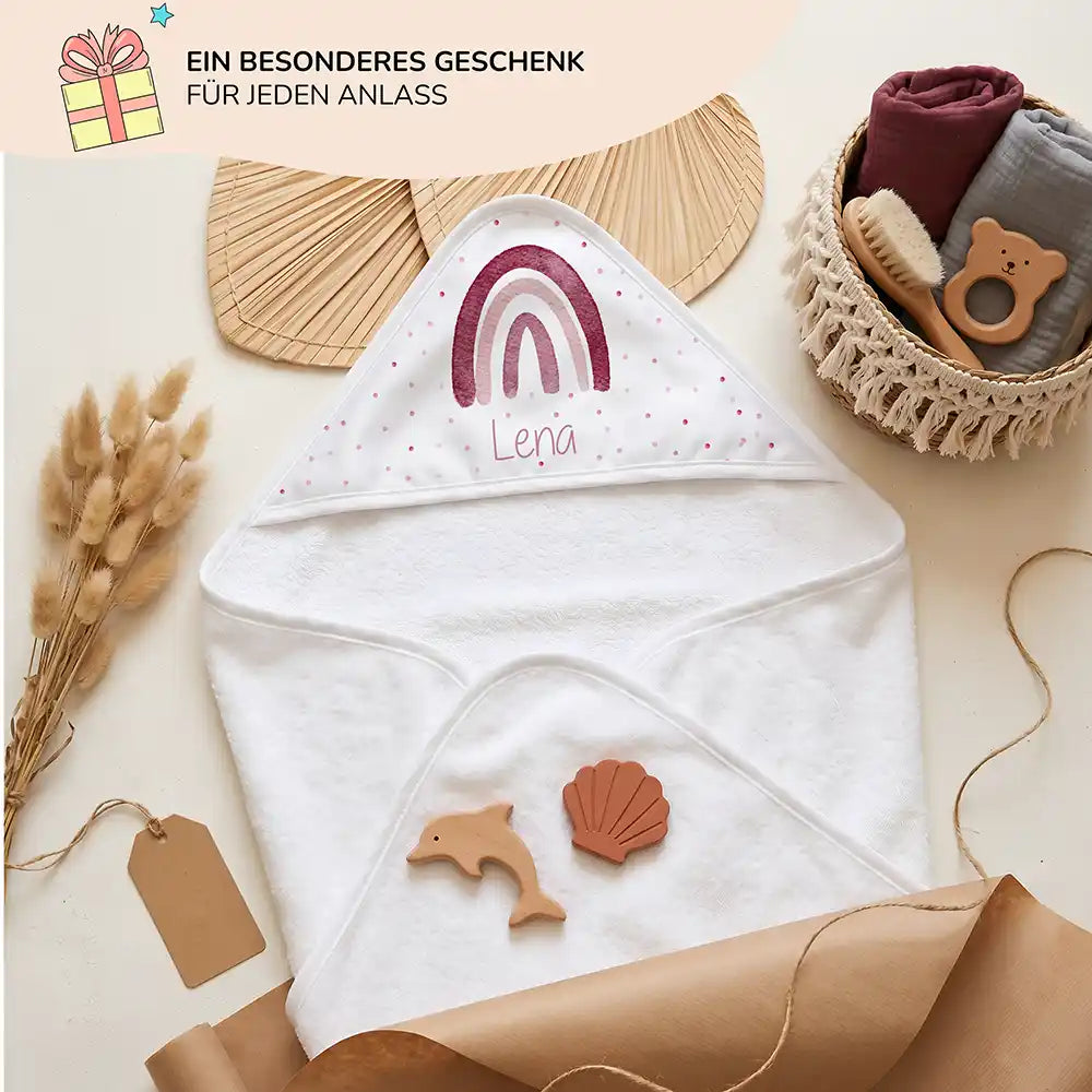 Personalisiertes Kapuzenhandtuch Baby Boho-Regenbogen â Geschenk-Komposition Boho-Flatlay