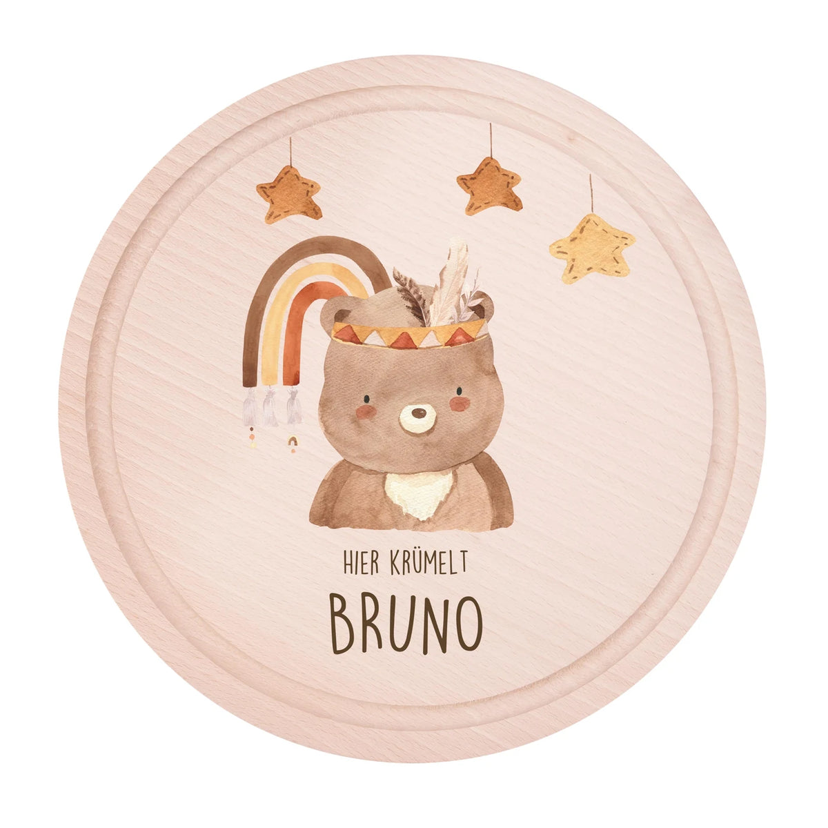 Rundes personalisiertes Frühstücksbrettchen Boho Bär mit Namen für Kinder