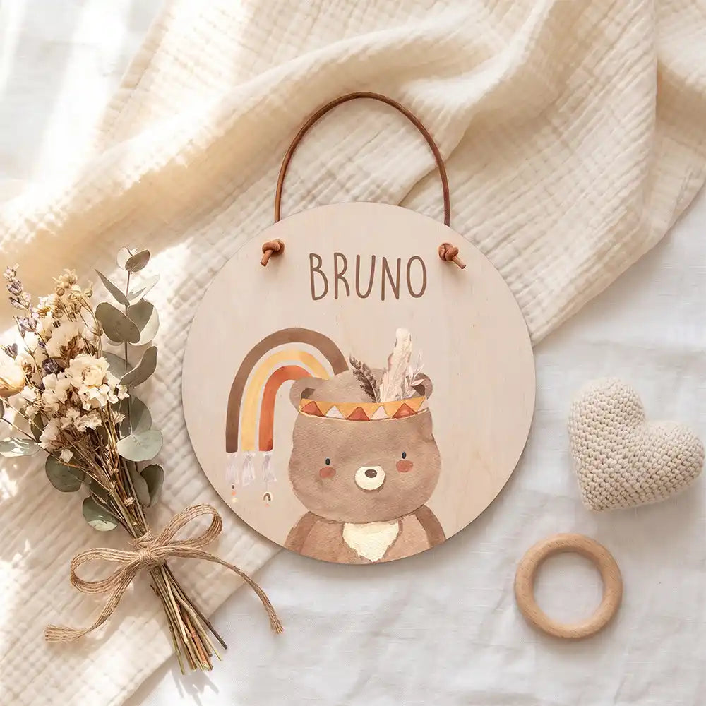 TĂŒrschild Kinderzimmer BĂ€r mit Regenbogen, zum AufhĂ€ngen an TĂŒr, Wand oder Haken