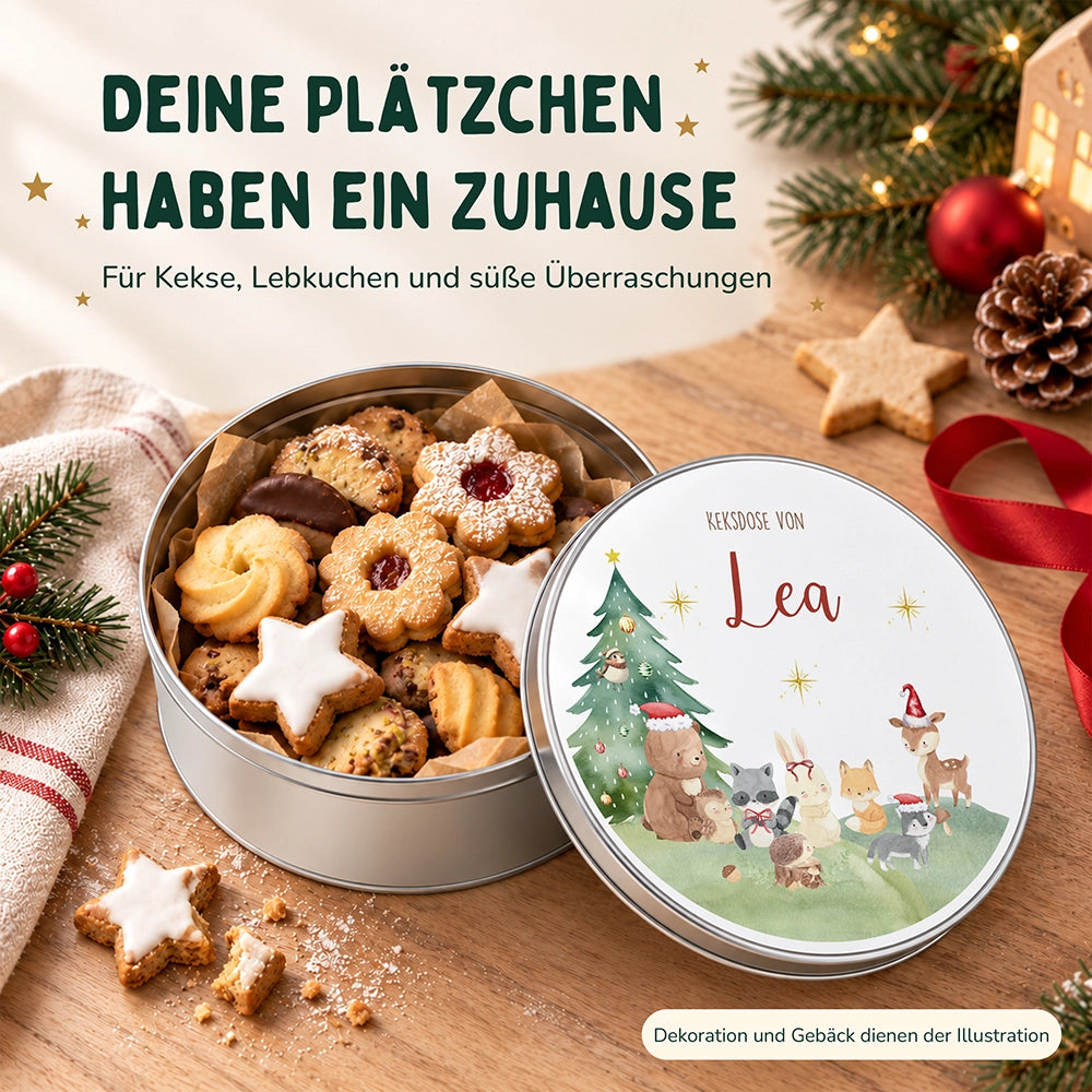 Keksdose aus Metall personalisiert - Kleine Waldbewohner im Weihnachtsglanz