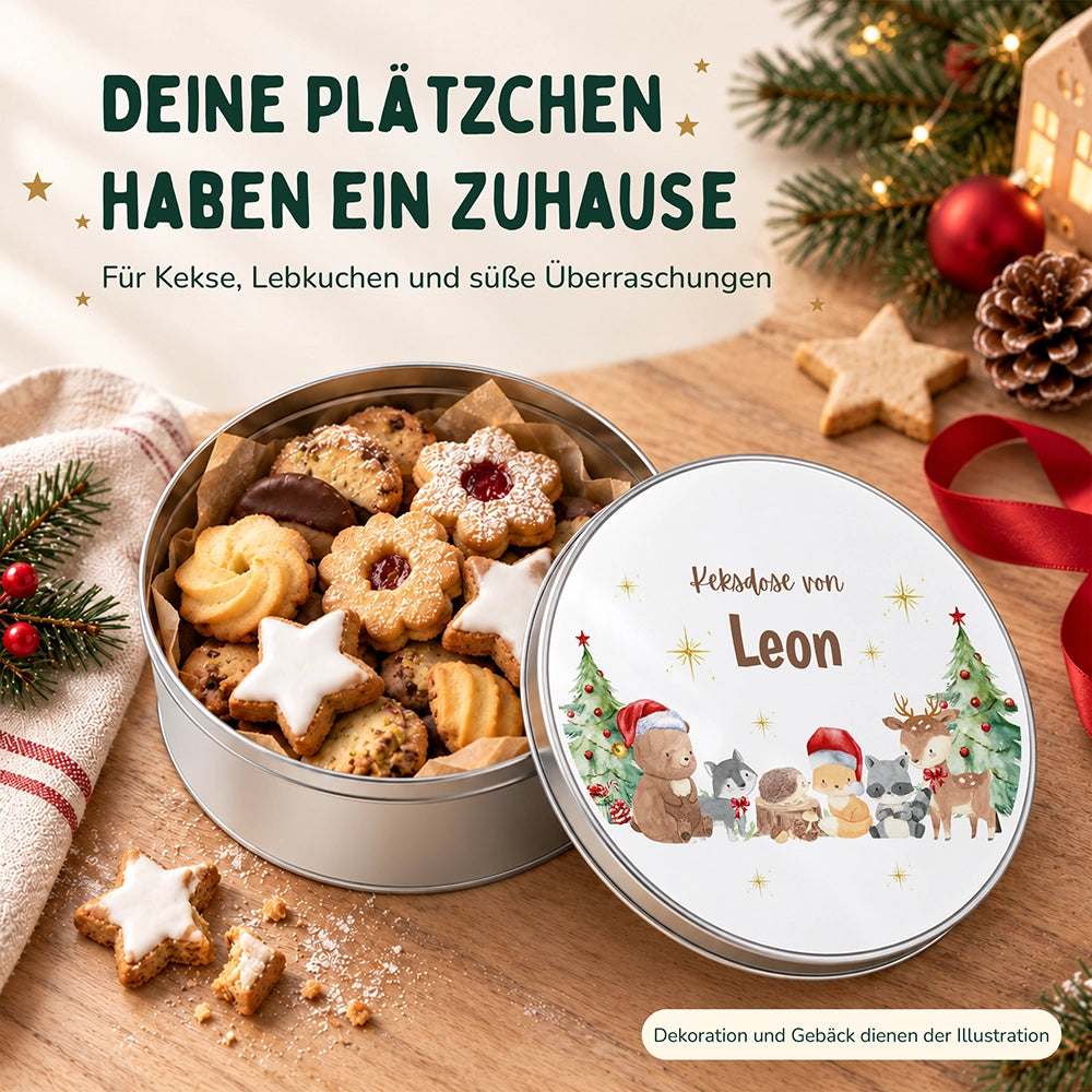Keksdose aus Metall personalisiert - Weihnachtliche Waldtiere