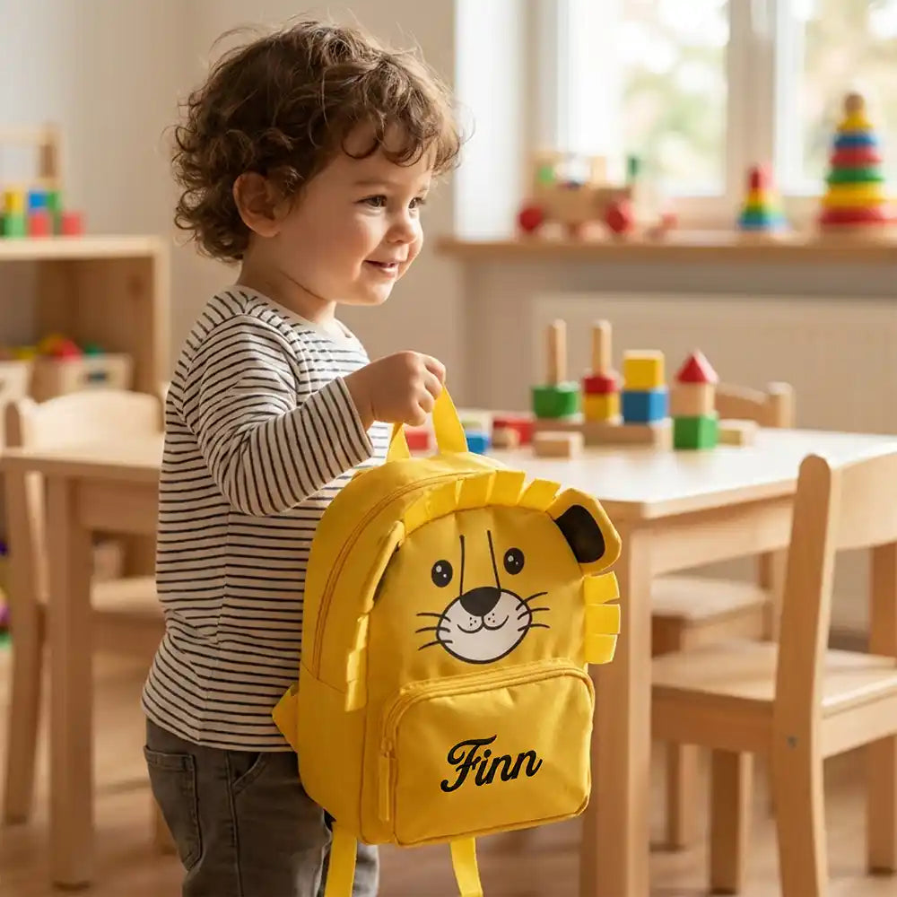 Personalisierter Kinderrucksack Löwe, lustiges Tiermotiv fĂŒr den Kindergarten