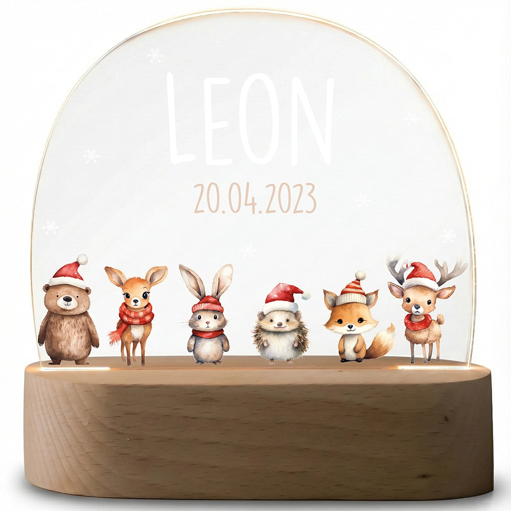 Nachtlampe Weihnachten mit Namen ausgeschaltet – klares Acrylglas auf Holzsockel