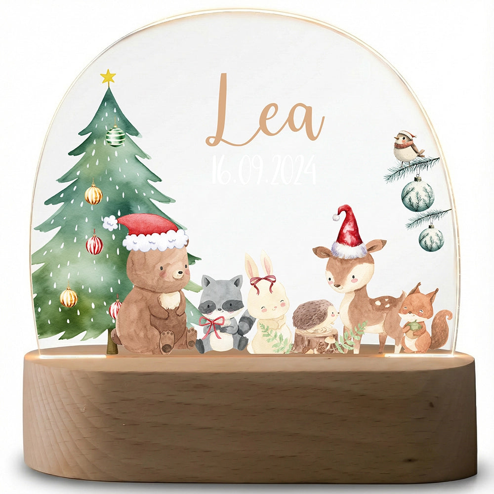 Nachtlampe Weihnachten mit Namen ausgeschaltet – klares Acrylglas auf Holzsockel