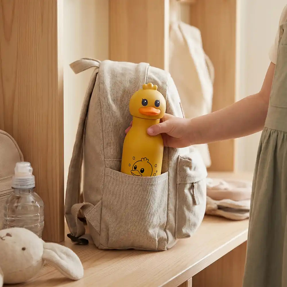 Personalisierte Trinkflasche Kinder Ente, mit Wunschname und Tiermotiv