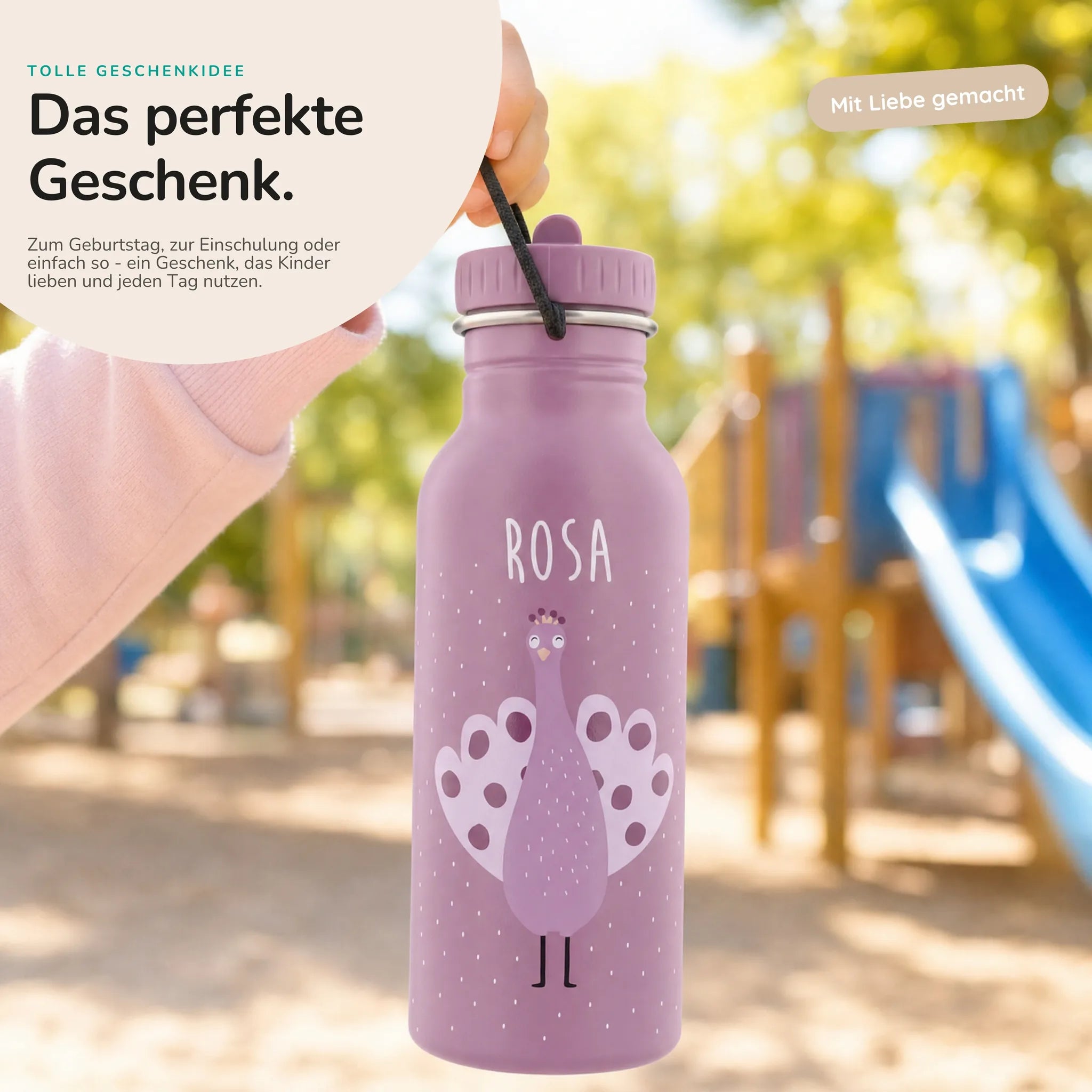 Trixie Trinkflasche Kinder Pfau, personalisiert mit Wunschname-Gravur