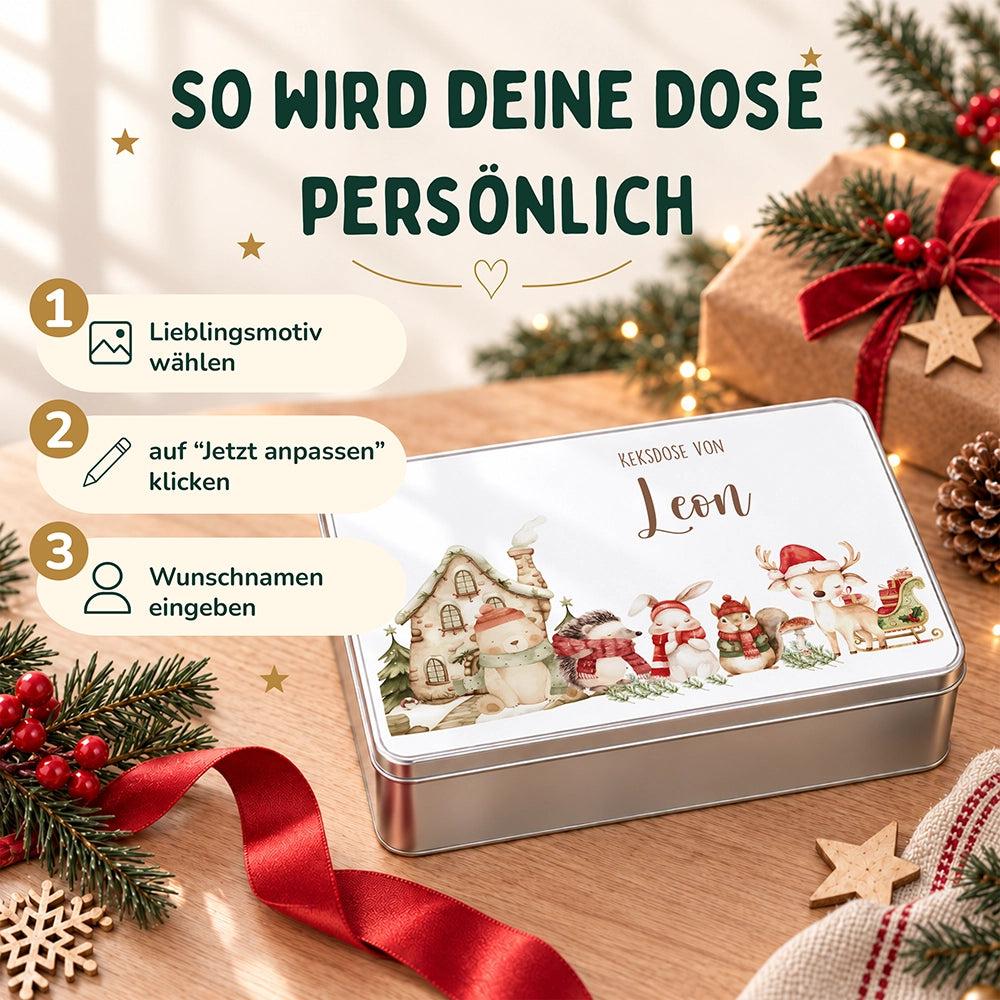 Keksdose aus Metall personalisiert - niedliche Waldtiere