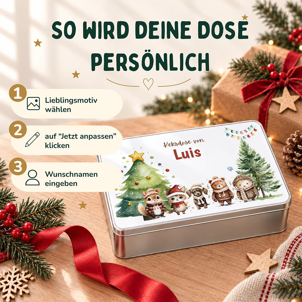 Keksdose aus Metall personalisiert - Winterliche Kuschelbande