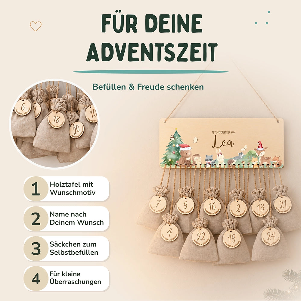 Personalisierbarer Adventskalender farbig - Niedliche Waldtiere