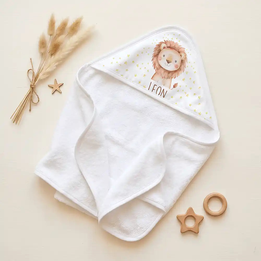 Personalisiertes Kapuzenhandtuch Baby Löwe Sterne â Set fĂŒr Zwillinge im Rattan-Look
