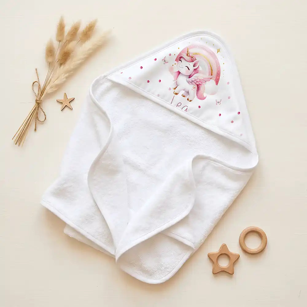 Personalisiertes Kapuzenhandtuch Baby Einhorn Rosa – Set für Zwillinge im Rattan-Look