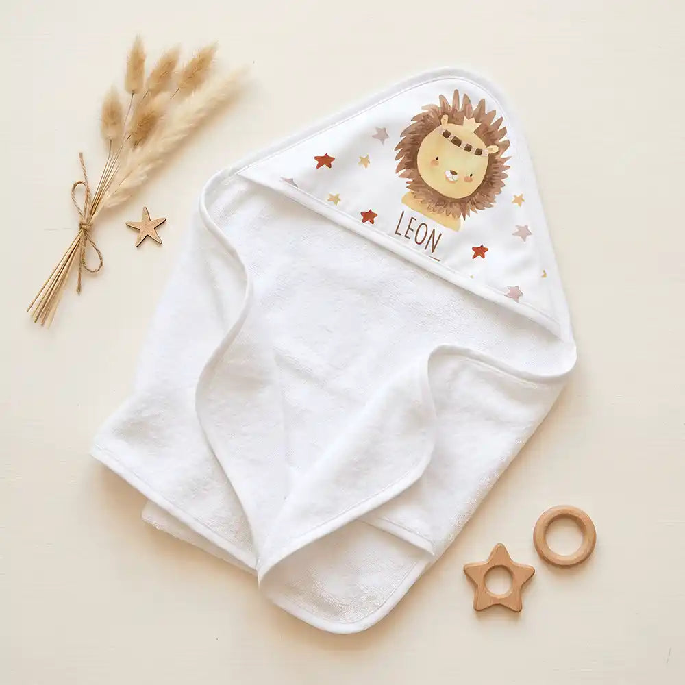 Personalisiertes Kapuzenhandtuch Baby Löwe Krone â Set fĂŒr Zwillinge im Rattan-Look