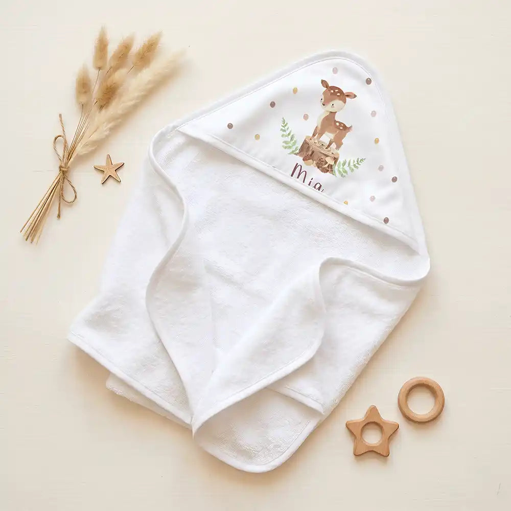 Personalisiertes Kapuzenhandtuch Baby Reh Baumstumpf â Set fĂŒr Zwillinge im Rattan-Look