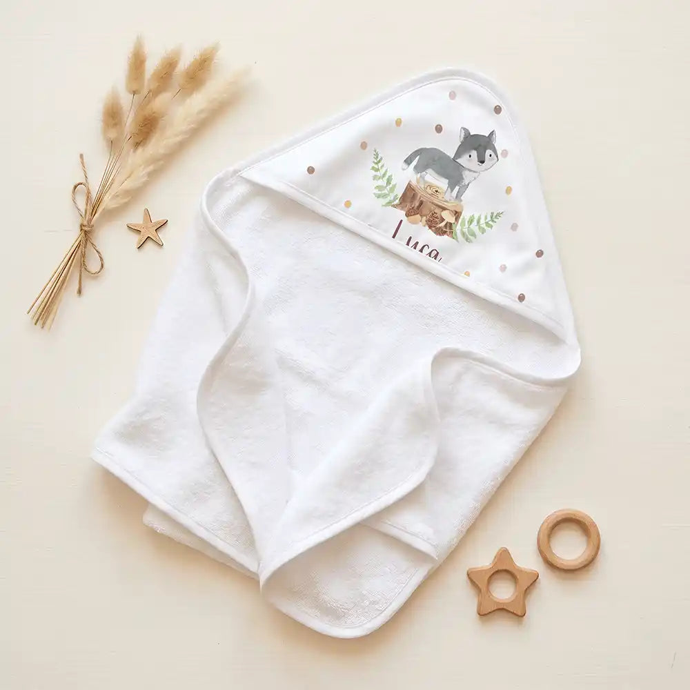 Personalisiertes Kapuzenhandtuch Baby Wolf Wald â Set fĂŒr Zwillinge im Rattan-Look