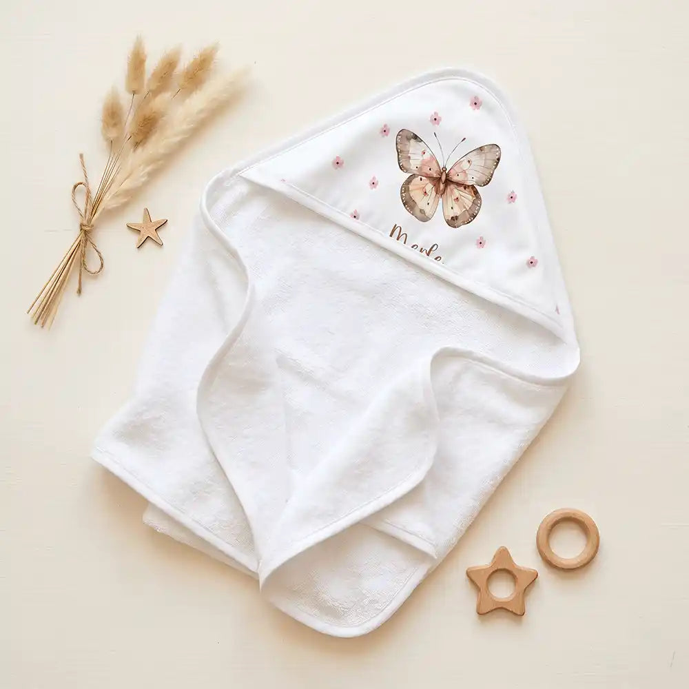 Personalisiertes Kapuzenhandtuch Baby Schmetterling Boho – Set für Zwillinge im Rattan-Look