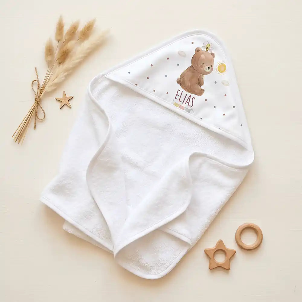 Personalisiertes Kapuzenhandtuch Baby BĂ€r Sonne â Set fĂŒr Zwillinge im Rattan-Look