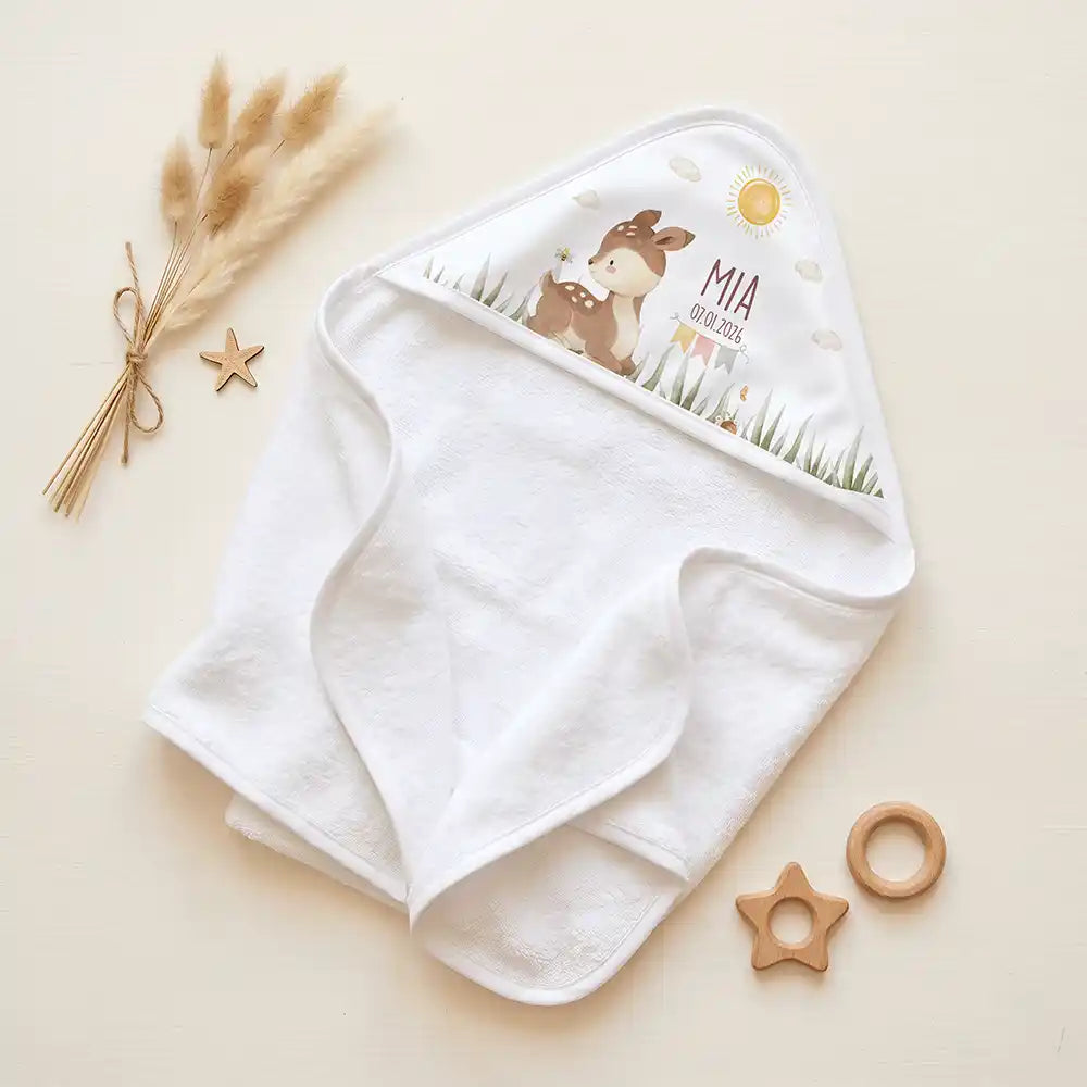 Personalisiertes Kapuzenhandtuch Baby Reh Geburtsdaten â Set fĂŒr Zwillinge im Rattan-Look