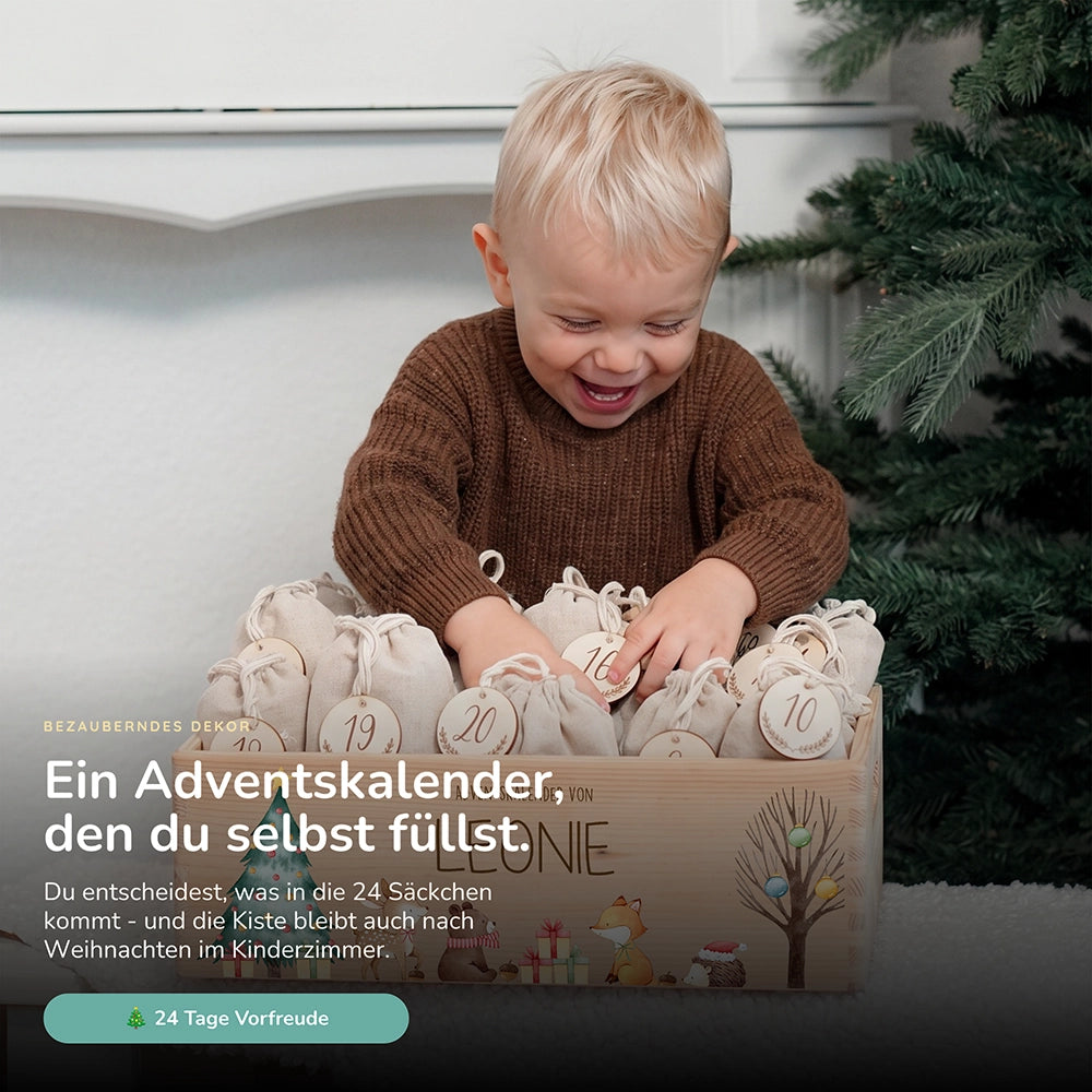 Adventskalender zum BefĂĽllen "Waldtiere um den Weihnachtsbaum" personalisiert