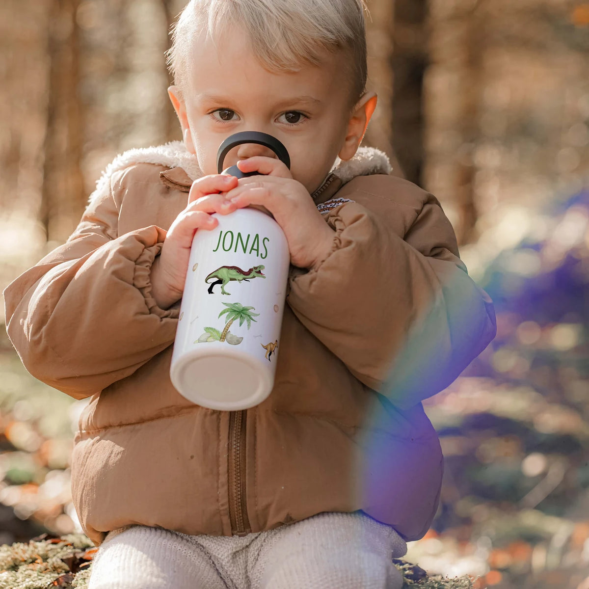 Trinkflasche Kinder Edelstahl - Dino Abenteuer - Personalisierbar mit Namen