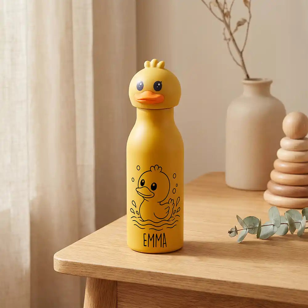 Personalisierte Trinkflasche Kinder Ente, mit Wunschname und Tiermotiv