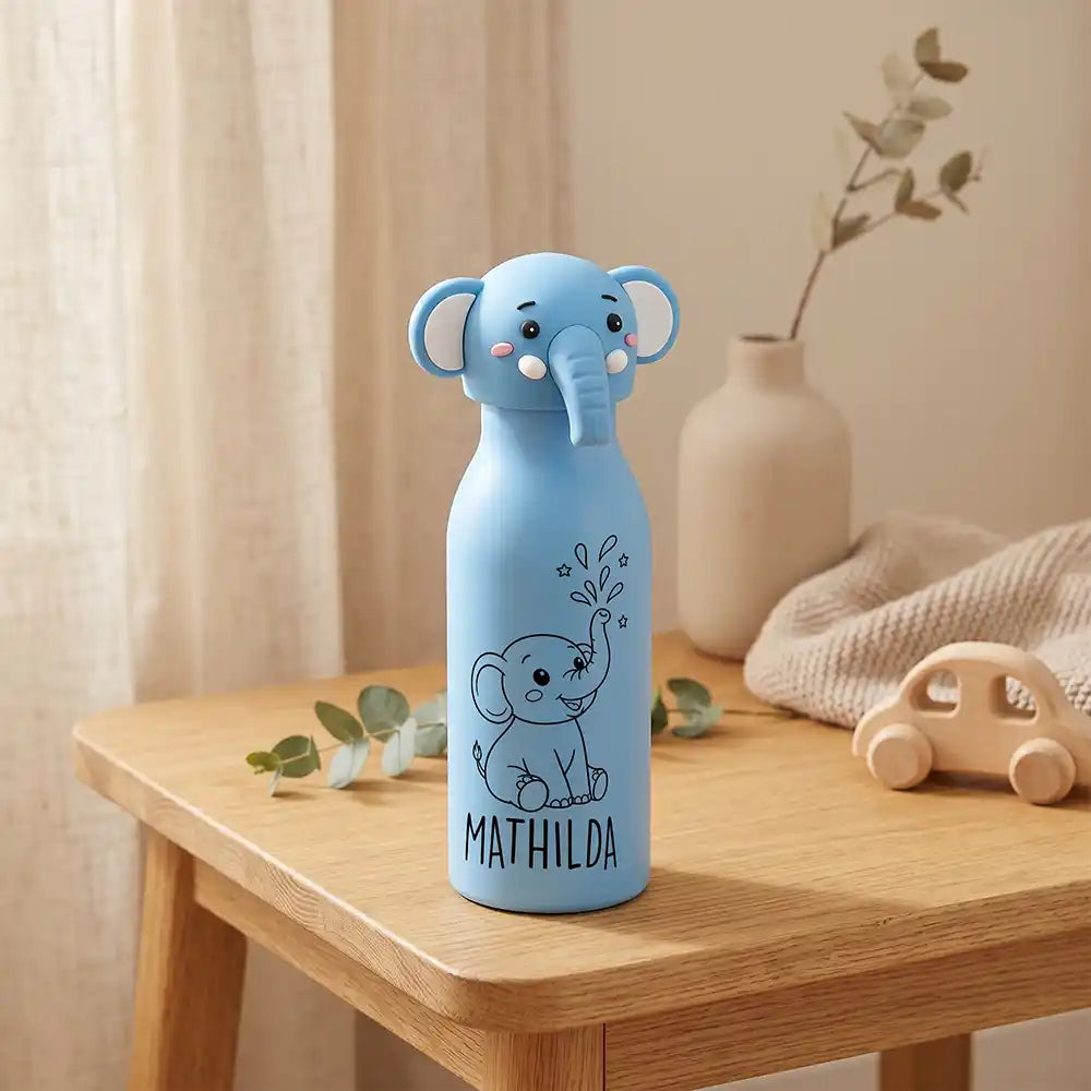 Personalisierte Trinkflasche Kinder Elefant, mit Wunschname und Tiermotiv