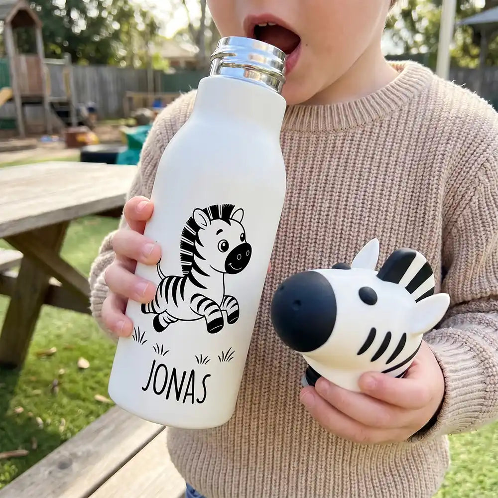 Personalisierte Trinkflasche Kinder Zebra, mit Wunschname und Tiermotiv