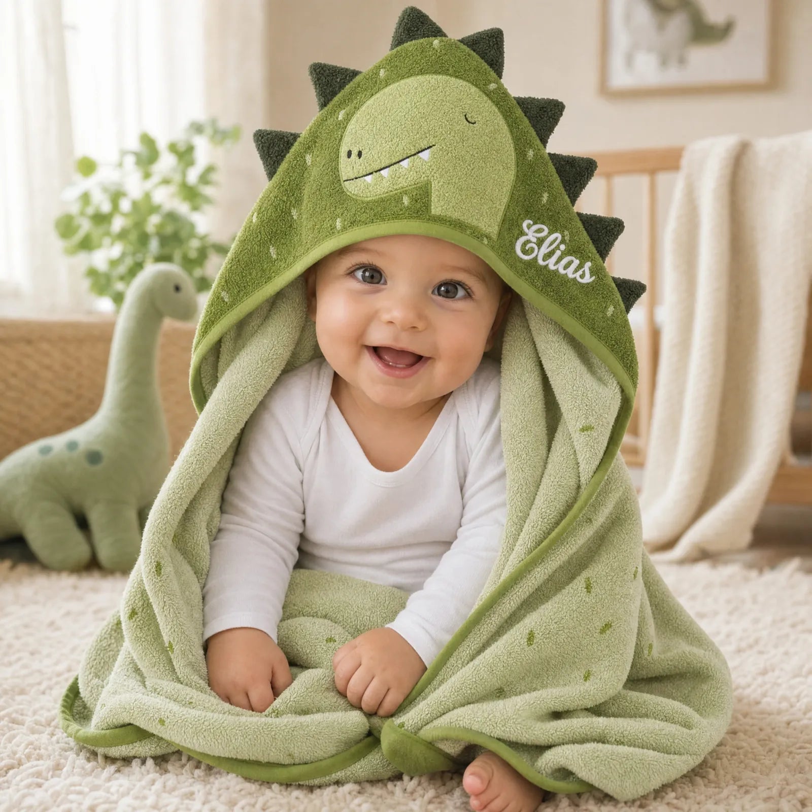 Trixie Kapuzenhandtuch Baby Dino, mit gesticktem Wunschnamen