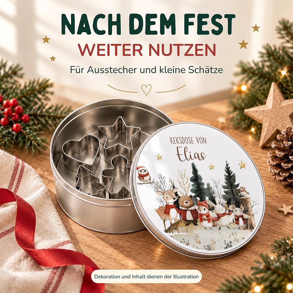 Keksdose aus Metall personalisiert - Weihnachtsfreunde im Schnee