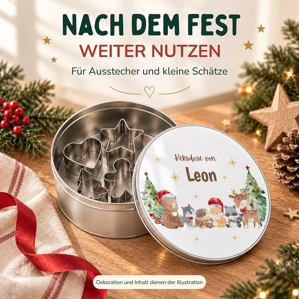 Keksdose aus Metall personalisiert - Weihnachtliche Waldtiere