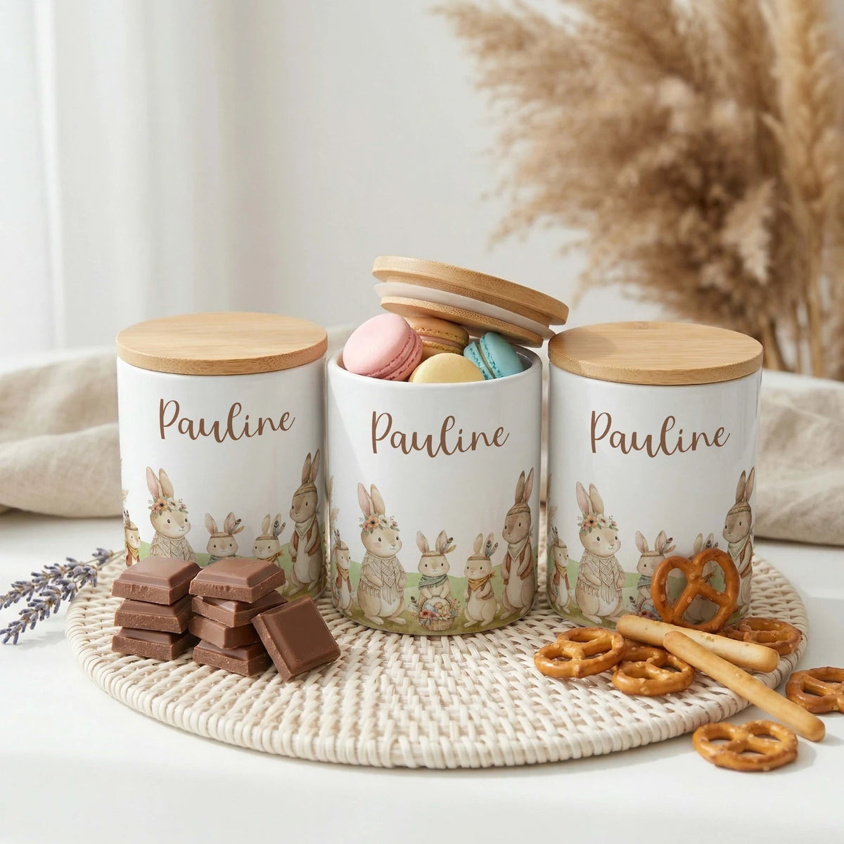 Personalisierte Keksdose Boho-Hasen – Keramik & Bambus mit Wunschname