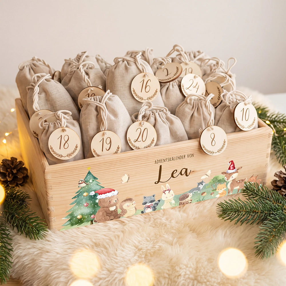 Adventskalender zum BefĂĽllen "Weihnachten mit winterlichen Tierfreunden" personalisiert