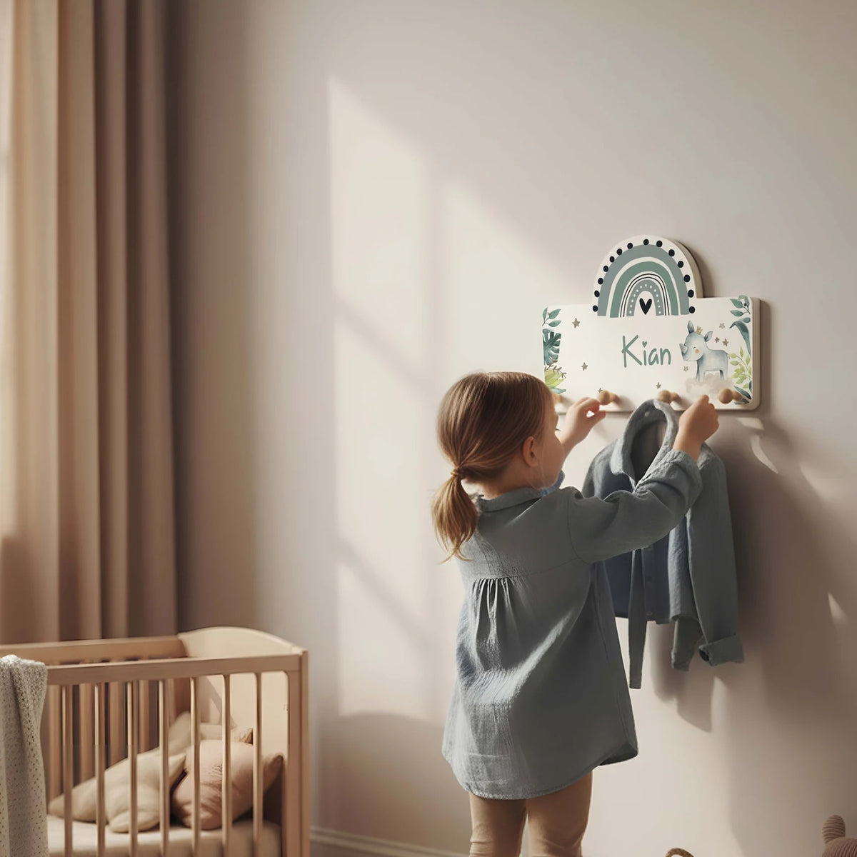 Kindergarderobe Holz personalisiert - Nashorn