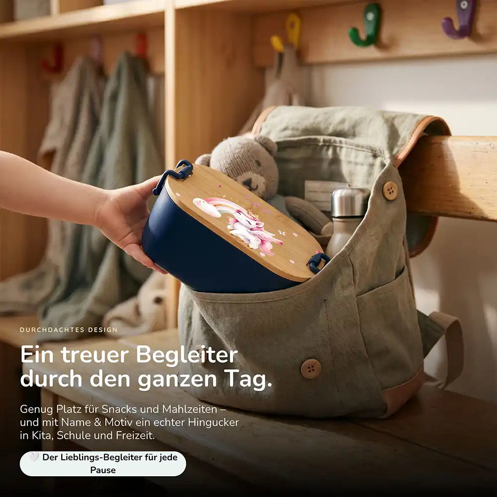 Brotdose Kinder personalisiert Einhorn Regenbogen, Lunchbox mit Snacks und Obst