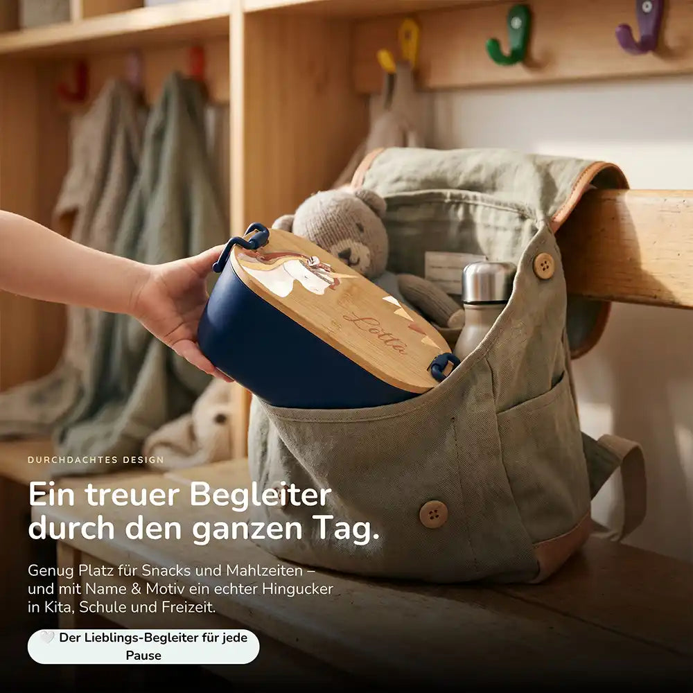Brotdose Kinder personalisiert Einhorn Boho, Lunchbox mit Snacks und Obst