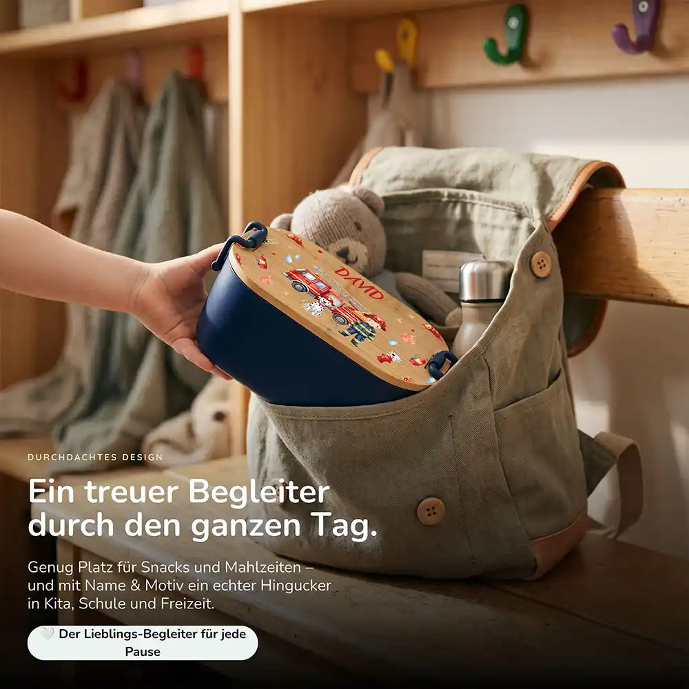 Brotdose Kinder personalisiert Feuerwehr, Lunchbox mit Snacks und Obst